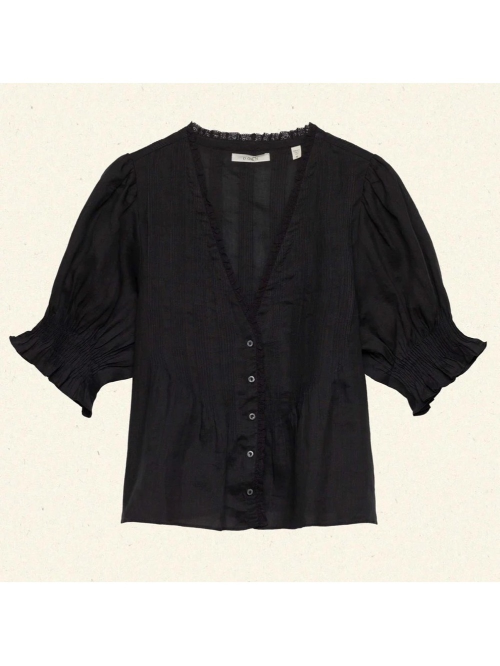 Doen Karlie Ramie Ruffle Pintuck Short Puff Sleeve Shoulder Blouse Top Black - Picture 11 of 11